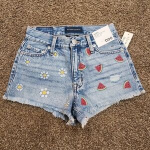 Aeropostale Blue High Waist Shorts with Floral and Watermelon Design